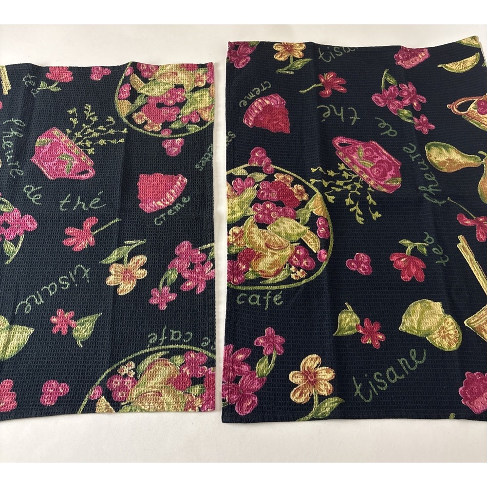 April Cornell Black Floral Tea Towel Set of 2 different sizes cafe tisane creme